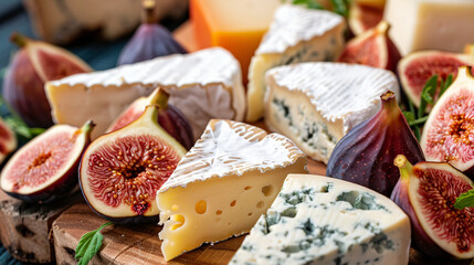 Tray with different types of cheese and dried figs on
