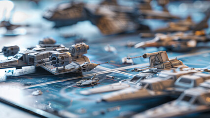 Miniature space fleet poised for interstellar conquest on strategy board.
