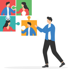 Effective team building and management concept, business team connect jigsaw puzzle with business partners, company staff coordination and teamwork productivity


