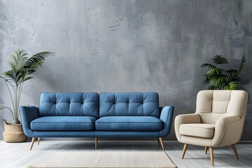 Blue sofa and beige recliner chair against grey wall with copy space. Scandinavian, minimalist home interior design of modern living room.