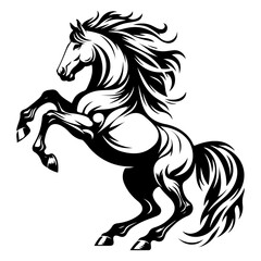 Dynamic black and white illustration of a rearing horse with a flowing mane and tail, depicted in a bold, graphic style.