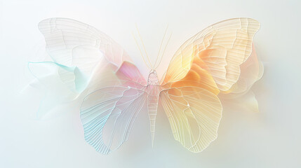 Aesthetic butterfly made of thin lines in white and creamy rainbow colors. Organic elegant concept. Generative AI
