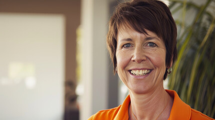 Smiling professional woman in orange, projecting confidence and warmth.