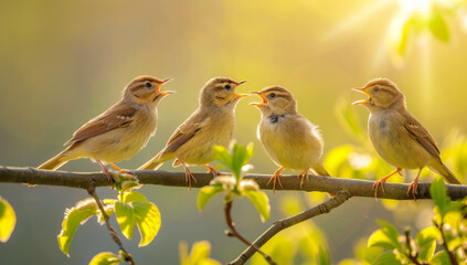 Five sparrows perched on a sunny branch in spring, backlit by golden sunlight
