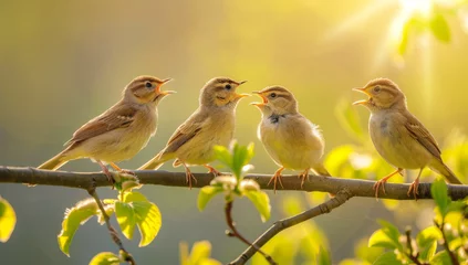 Poster de jardin  Five sparrows perched on a sunny branch in spring, backlit by golden sunlight  © Robert Kneschke