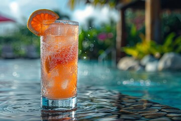 A tall glass of orange cocktail with a slice, set against a pool background, capture the essence of tropical relaxation