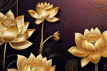 Luxurious background design with golden lotus. Lotus flowers line arts design for wallpaper, natural wall arts, banner, prints, invitation and packaging design. Generative AI 