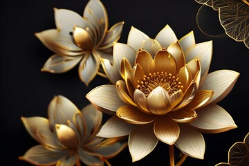 Luxurious background design with golden lotus. Lotus flowers line arts design for wallpaper, natural wall arts, banner, prints, invitation and packaging design. Generative AI 