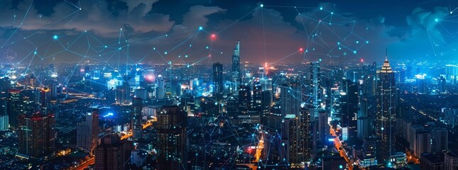 Fototapeta premium Panorama aerial view in the cityscape skyline with smart services and icons