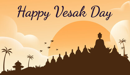 Naklejka premium Vesak Day Creative Concept for Card or Banner. Vesak Day is a holy day for Buddhists. Happy Buddha Day with Siddhartha Gautama Statue Design Vector Illustration