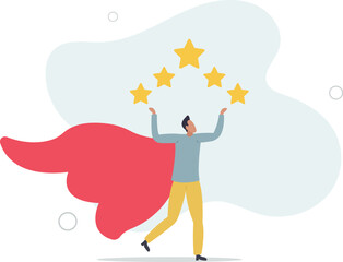 businessman superhero carrying big golden customer 5 stars rating feedback.flat vector illustration.