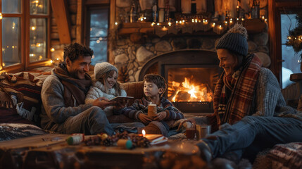 Warm family time in a cozy cabin with joyful laughter and glowing fireplace
