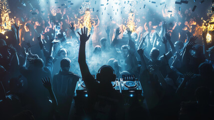 Exhilarating club scene with elevated DJ amid a euphoric crowd.
