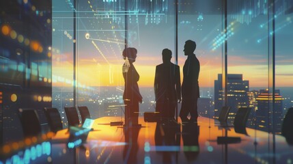 Skilled business people wearing VR glasses while planning strategy. Skilled project manager analyzing marketing data while talking and checking at financial plan.Technology innovation concept. AIG42.