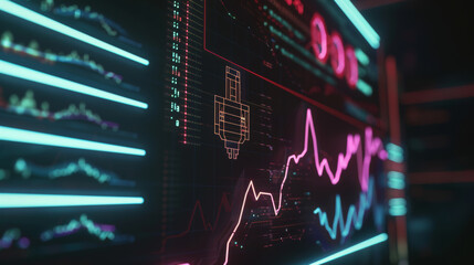 A financial dashboard displays dynamic stock market data and trading indicators in red and green.