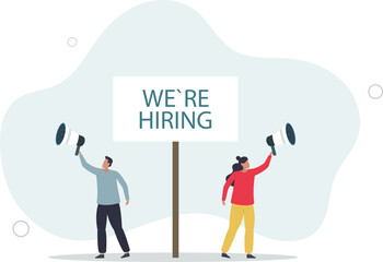 business people HR with megaphone holding we are hiring sign.flat vector illustration.