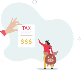 Fototapeta premium businesswoman holding saving piggybank looking at tax bills.flat vector illustration.
