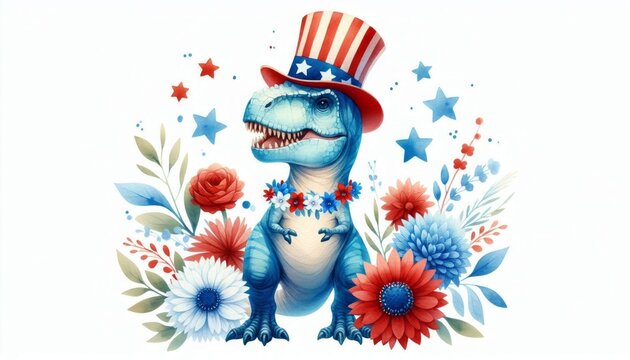T rex 4th July Watercolor Memorial Day Clip Art Animal Patriotic with American Flag Celebration USA (United State) Art Cute Cartoon For Independence Day