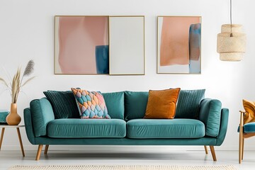 Teal sofa and terra cotta armchair against white wall with art posters. Scandinavian style home interior design of modern living room.