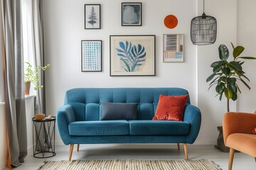 Teal sofa and terra cotta armchair against white wall with art posters. Scandinavian style home interior design of modern living room.