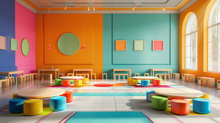 modern  interior of preschool classroom with colorful chair, Innovative Learning Space for early...