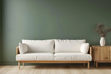 Wooden cabinet and white sofa against green wall. Scandinavian interior design of modern living room, home.