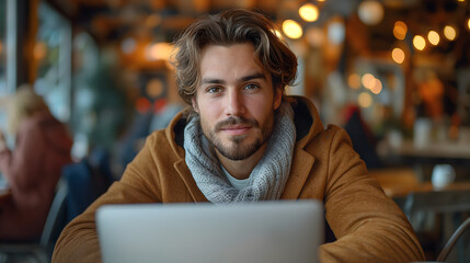 Young man working on laptop, IT programmer freelancer or student with computer in cafe at table looking in camera