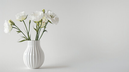 Vase with delicate eustoma flowers on white background