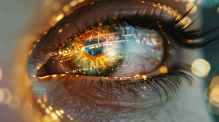 A futuristic eye reflects a vivid digital world, symbolizing vision and technology.