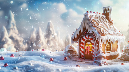 Beautiful decorated gingerbread house on snow landscape, Christmas holiday concept , space for text