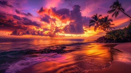 Tropical Beach at Sunset with Vibrant Sky and Reflections.