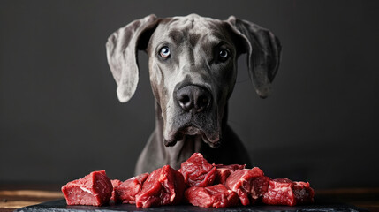 A Great Dane standing over a scattered assortment of raw beef cuts on a stark black mat, emphasizing the size and appetite of the breed