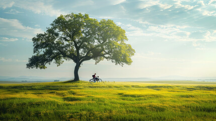 Lone woman cycling in a serene field under a majestic tree