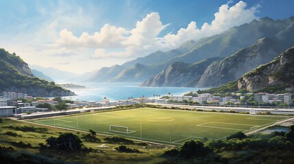 A football field with a scenic, picturesque backdrop