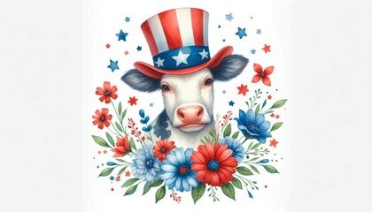 Cow 4th July Watercolor Celebration USA (United State) Art Cute Cartoon For Independence Day Memorial Day Clip Art Animal Patriotic with American Flag