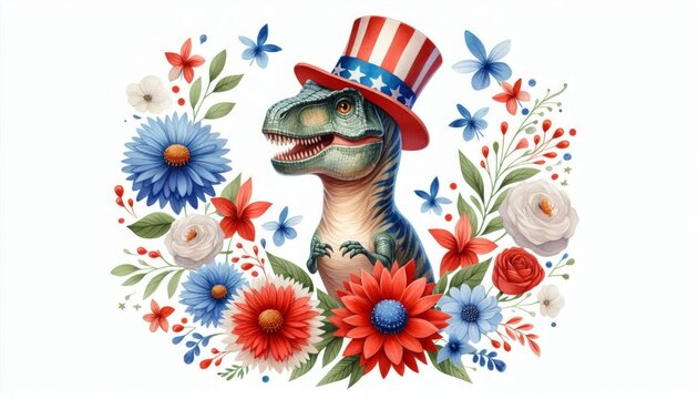 T rex 4th July Watercolor Animal Patriotic with American Flag Memorial Day Clip Art Celebration USA (United State) Art Cute Cartoon For Independence Day