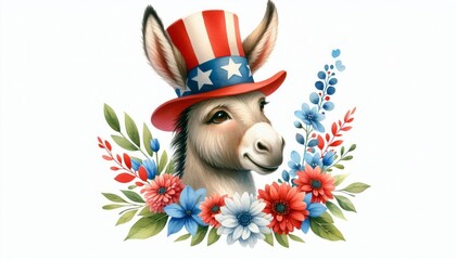Donkey 4th July Watercolor Celebration USA (United State) Art Cute Cartoon For Independence Day Memorial Day Clip Art Animal Patriotic with American Flag