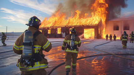 Firefighters at work during a controlled burn training exercise at sunrise