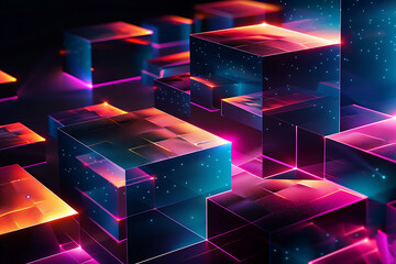 geometric shapes and structures in colorful neon colors and lights in cyberspace 