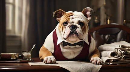 Sophisticated Bulldog: Canine Composure on the Throne of toilet seat and reading newspaper on it, suit
