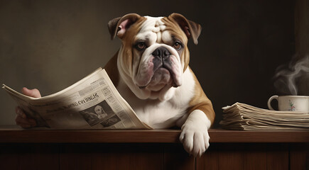 Sophisticated Bulldog: Canine Composure on the Throne of toilet seat and reading newspaper on it, dog