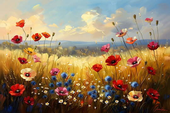 Beautiful field of poppies and cornflowers. Digital painting, Flowers paintings monet painting claude impressionism paint landscape flower meadow oil