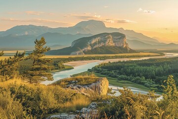 Obraz premium A hazy mountain range featuring trees and vegetation in the foreground and a rose-tinted sky above. Beautiful simple AI generated image in 4K, unique.