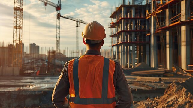A civil engineer stands looking at the construction site.