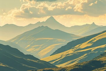  A valley, obscured by low-lying clouds, is bathed in sunlight as it fades over mountain silhouettes at dusk. Beautiful simple AI generated image in 4K, unique.