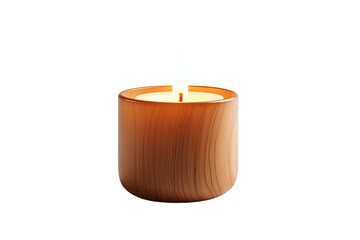 A wooden candle is burning. The flame is flickering. The candle is in a glass holder. The background is black.