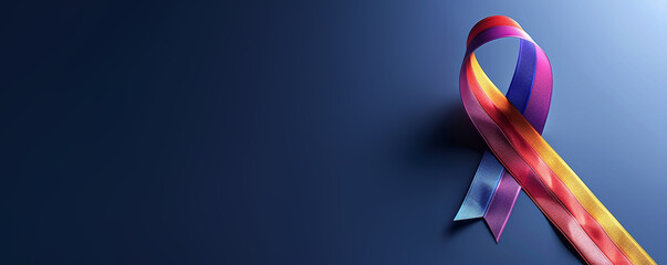 A ribbon with a rainbow pattern is on a blue background