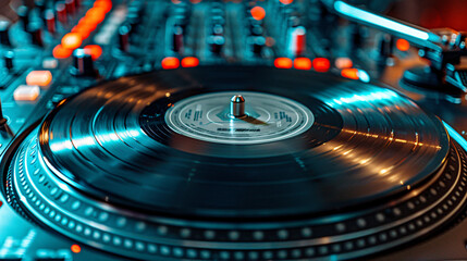 Vinyl disk on modern DJ mixer closeup