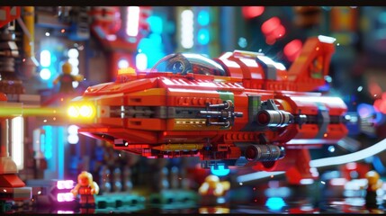 The spaceship is flying over the city