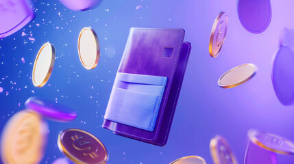 Wallet and Credit card floating coins around on purple